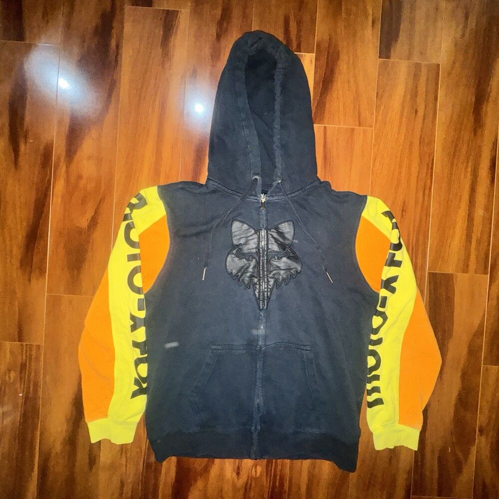 Fox Racing Zip Hoodie Mens Medium Black Neon Moto-X Graphic Sweatshirt Y2k VTG
